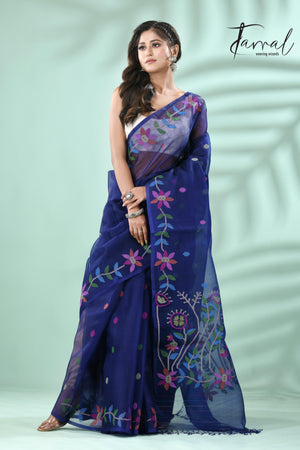 Indigo with multicolour floral motifs muslin silk handwoven jamdani saree - Tamal Boutique