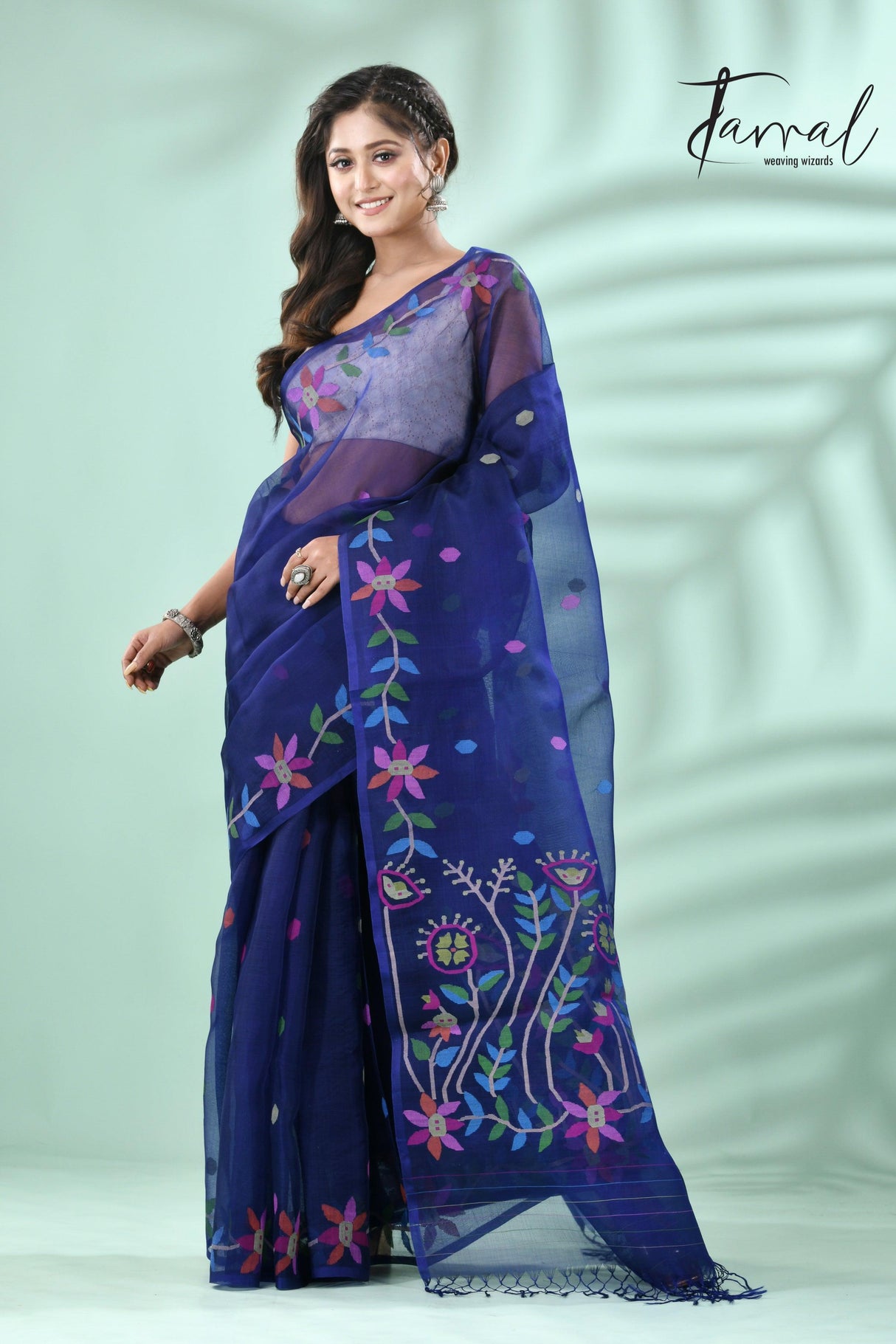 Indigo with multicolour floral motifs muslin silk handwoven jamdani saree - Tamal Boutique