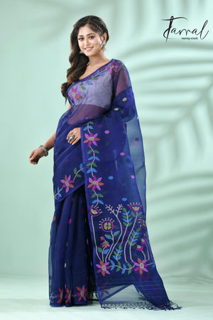 Indigo with multicolour floral motifs muslin silk handwoven jamdani saree - Tamal Boutique