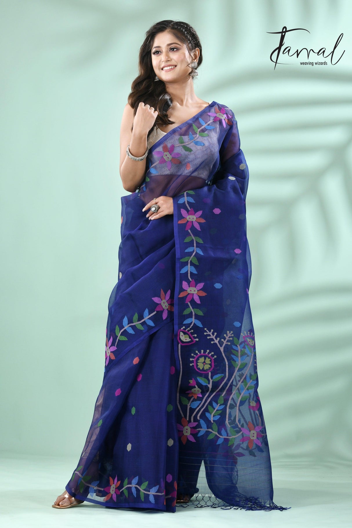 Indigo with multicolour floral motifs muslin silk handwoven jamdani saree - Tamal Boutique