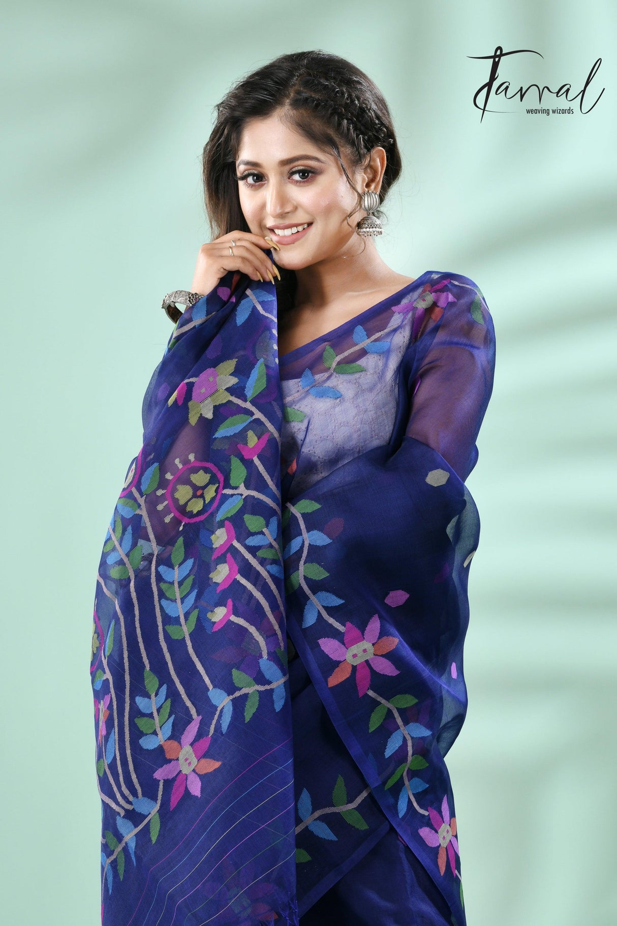 Indigo with multicolour floral motifs muslin silk handwoven jamdani saree - Tamal Boutique