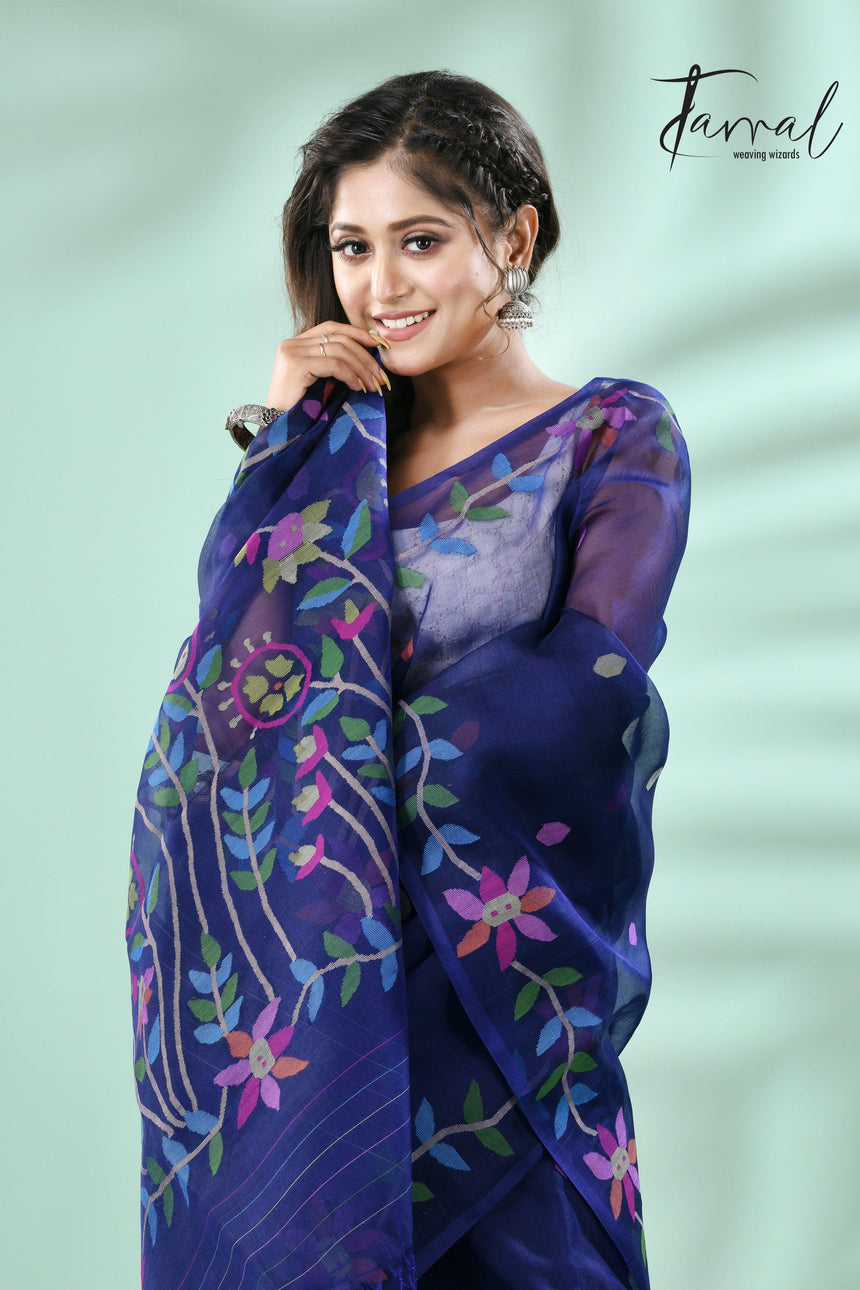 Indigo with multicolour floral motifs muslin silk handwoven jamdani saree - Tamal Boutique