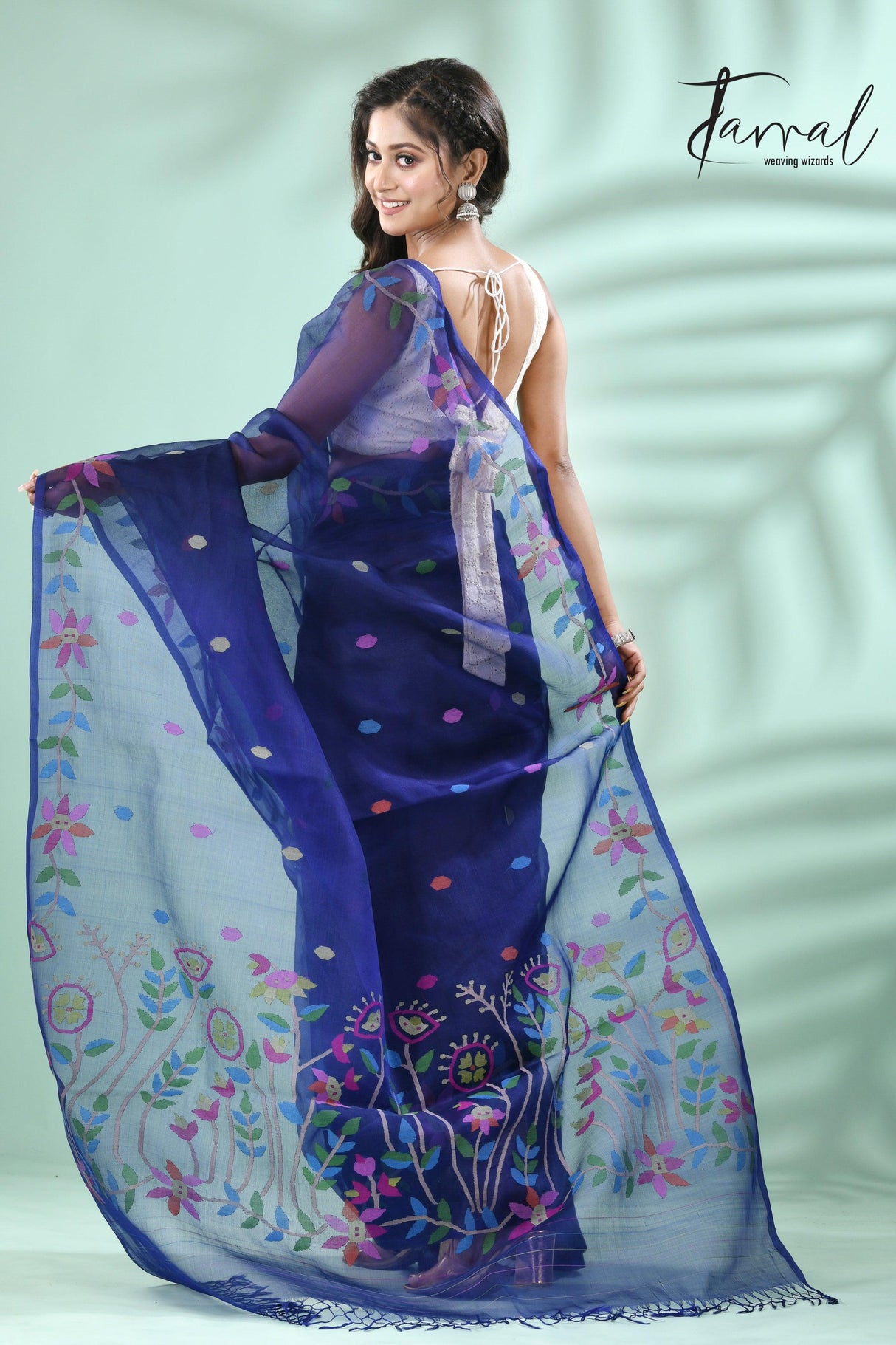 Indigo with multicolour floral motifs muslin silk handwoven jamdani saree - Tamal Boutique
