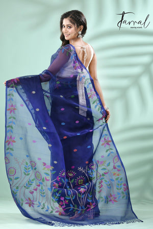 Indigo with multicolour floral motifs muslin silk handwoven jamdani saree - Tamal Boutique