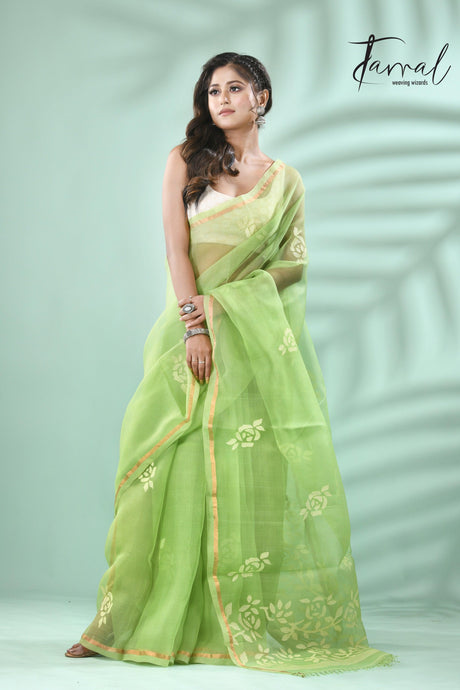 Parrot Green rose motifs muslin silk handwoven jamdani saree - Tamal Boutique