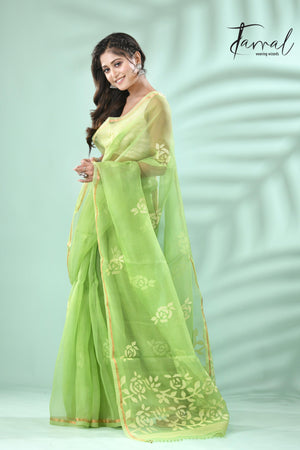 Parrot Green rose motifs muslin silk handwoven jamdani saree - Tamal Boutique