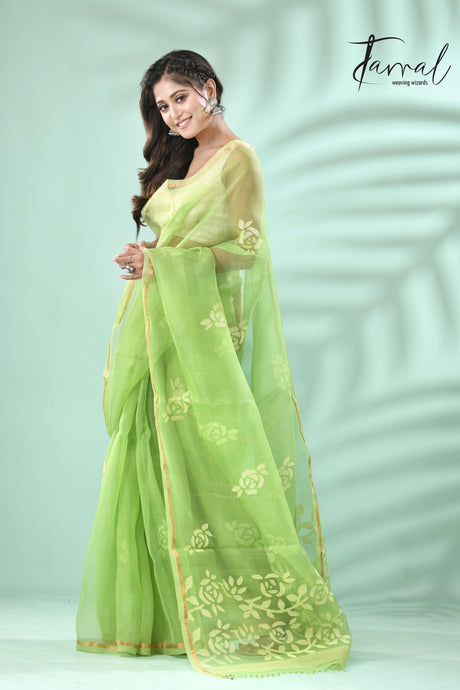 Parrot Green rose motifs muslin silk handwoven jamdani saree - Tamal Boutique