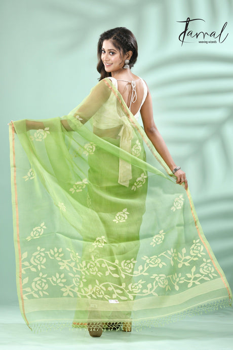 Parrot Green rose motifs muslin silk handwoven jamdani saree - Tamal Boutique