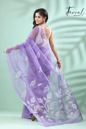 Lavender self rose motifs handwoven muslin silk jamdani saree - Tamal Boutique