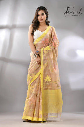 Offwhite with yellow border flower & leaves floral muslin silk handwoven jamdani saree - Tamal Boutique