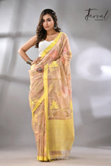 Offwhite with yellow border flower & leaves floral muslin silk handwoven jamdani saree - Tamal Boutique