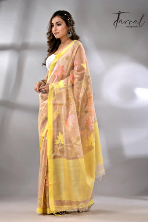 Offwhite with yellow border flower & leaves floral muslin silk handwoven jamdani saree - Tamal Boutique