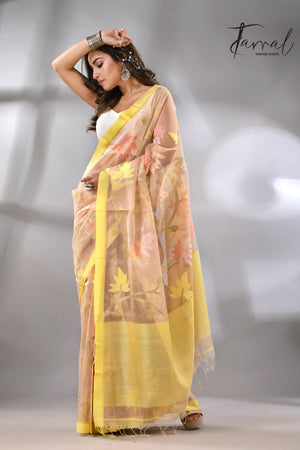 Offwhite with yellow border flower & leaves floral muslin silk handwoven jamdani saree - Tamal Boutique