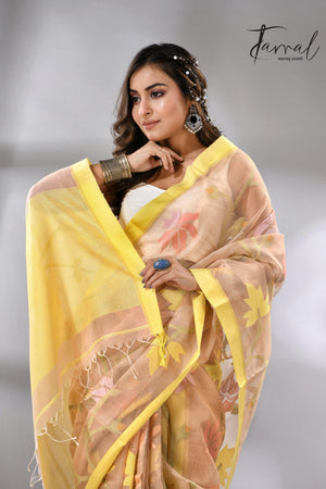 Offwhite with yellow border flower & leaves floral muslin silk handwoven jamdani saree - Tamal Boutique