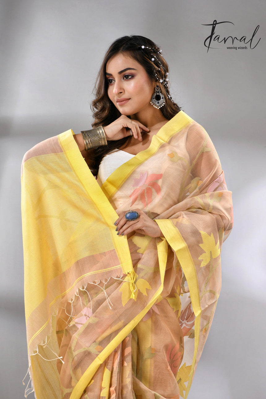 Offwhite with yellow border flower & leaves floral muslin silk handwoven jamdani saree - Tamal Boutique