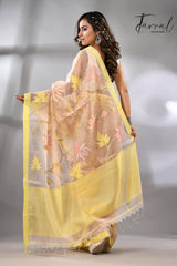 Offwhite with yellow border flower & leaves floral muslin silk handwoven jamdani saree - Tamal Boutique