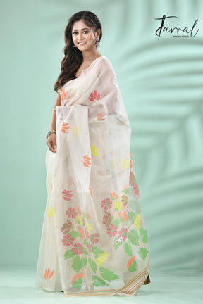 Offwhite with multi colour pallu floral with butas allover handwoven jamadani saree in muslin silk - Tamal Boutique