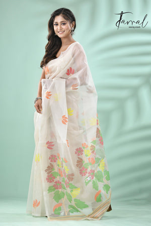 Offwhite with multi colour pallu floral with butas allover handwoven jamadani saree in muslin silk - Tamal Boutique