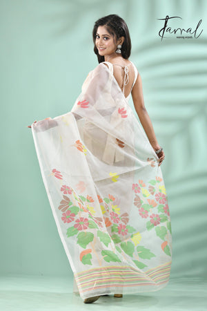 Offwhite with multi colour pallu floral with butas allover handwoven jamadani saree in muslin silk - Tamal Boutique