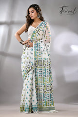 Ivory greenery Soft Handloom Dhaki Jamdani Saree - Tamal Boutique