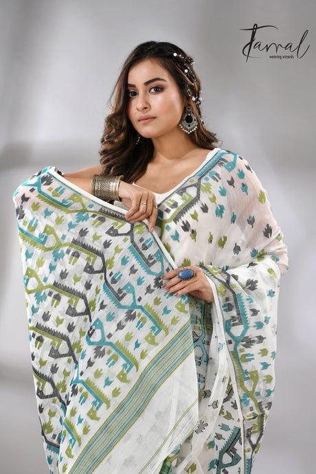 Ivory greenery Soft Handloom Dhaki Jamdani Saree - Tamal Boutique