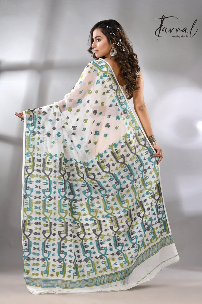 Ivory greenery Soft Handloom Dhaki Jamdani Saree - Tamal Boutique