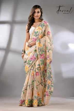 Offwhite with tussar border and multicolour allover bougainvillea flower muslin silk handwoven jamdani saree - Tamal Boutique