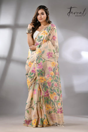 Offwhite with tussar border and multicolour allover bougainvillea flower muslin silk handwoven jamdani saree - Tamal Boutique