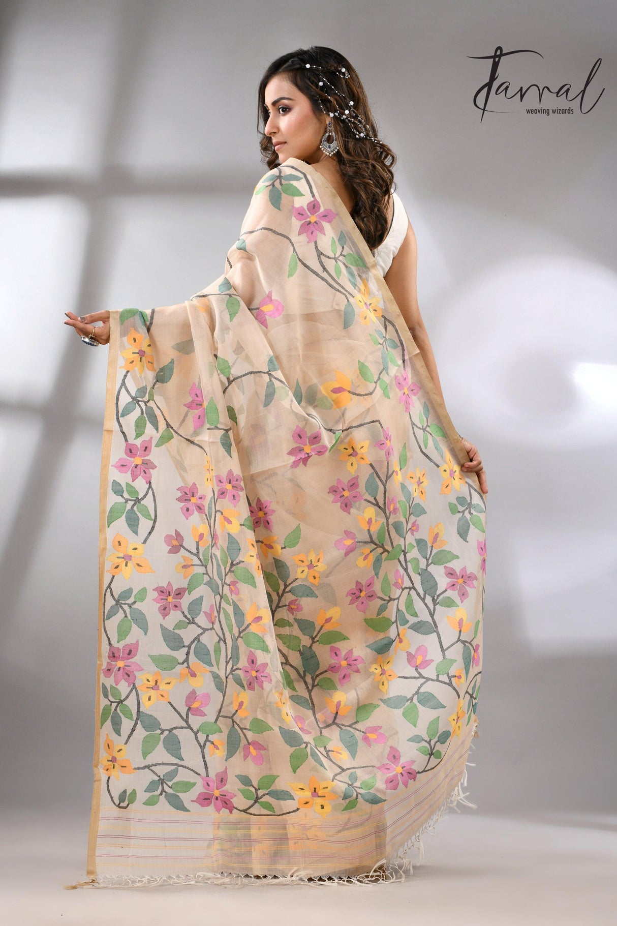 Offwhite with tussar border and multicolour allover bougainvillea flower muslin silk handwoven jamdani saree - Tamal Boutique