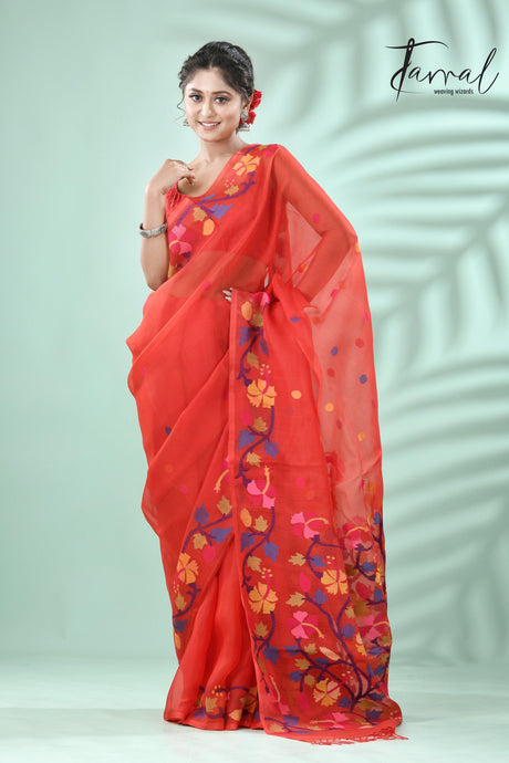 Red with multicolour hibiscus motifs handwoven jamdani in muslin silk saree - Tamal Boutique