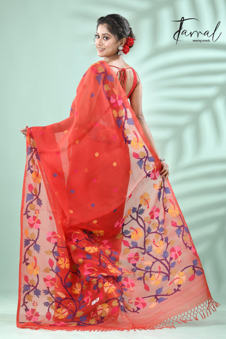 Red with multicolour hibiscus motifs handwoven jamdani in muslin silk saree - Tamal Boutique