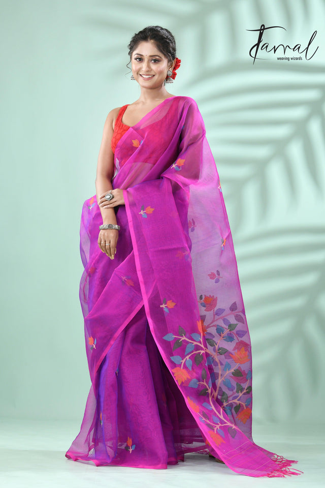 Magenta floral handwoven muslin silk jamdani saree - Tamal Boutique