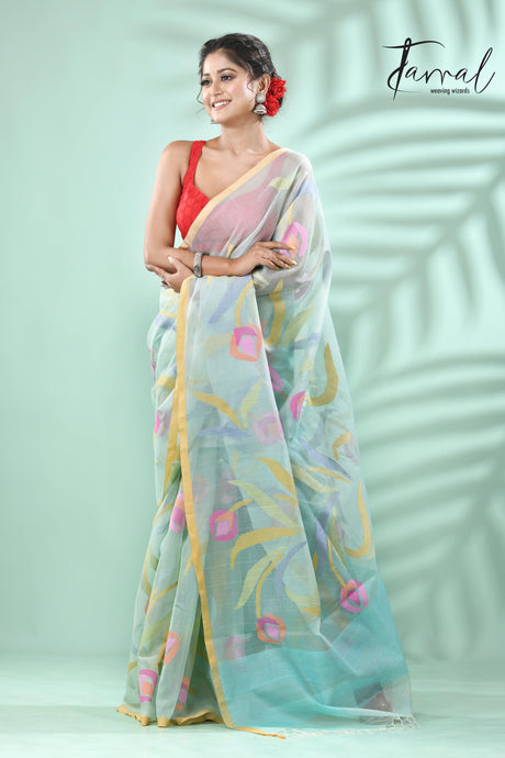 Dust sky tulip buds allover muslin silk handwoven jamdani saree - Tamal Boutique