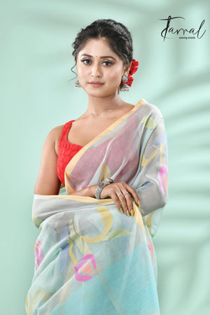 Dust sky tulip buds allover muslin silk handwoven jamdani saree - Tamal Boutique