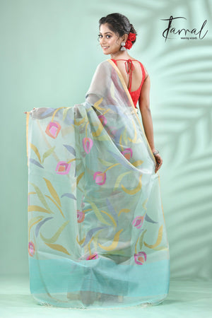 Dust sky tulip buds allover muslin silk handwoven jamdani saree - Tamal Boutique