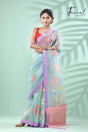 Light sky blue with lavender border allover myriad flowers handwoven muslin silk jamdani saree - Tamal Boutique