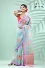 Light sky blue with lavender border allover myriad flowers handwoven muslin silk jamdani saree - Tamal Boutique