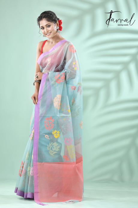 Light sky blue with lavender border allover myriad flowers handwoven muslin silk jamdani saree - Tamal Boutique