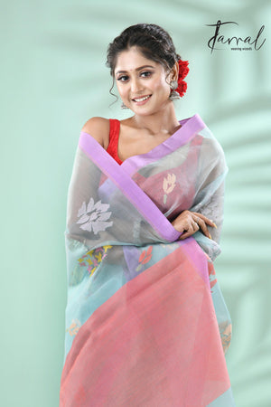 Light sky blue with lavender border allover myriad flowers handwoven muslin silk jamdani saree - Tamal Boutique