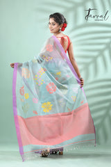 Light sky blue with lavender border allover myriad flowers handwoven muslin silk jamdani saree - Tamal Boutique