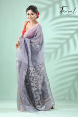 Grey with silver zari silk linen tree pallu handwoven jamdani saree - Tamal Boutique