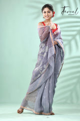 Grey with silver zari silk linen tree pallu handwoven jamdani saree - Tamal Boutique