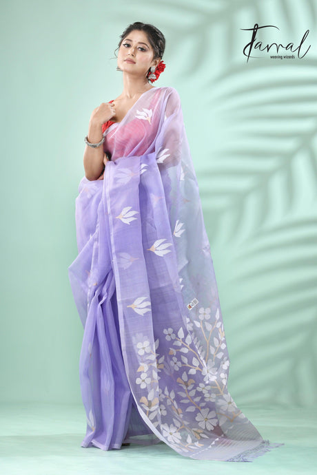 Lavender with white floral buta handwoven muslin silk jamdani saree - Tamal Boutique