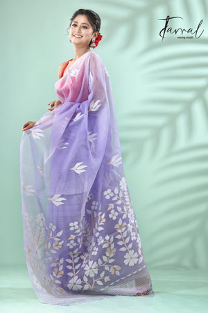 Lavender with white floral buta handwoven muslin silk jamdani saree - Tamal Boutique