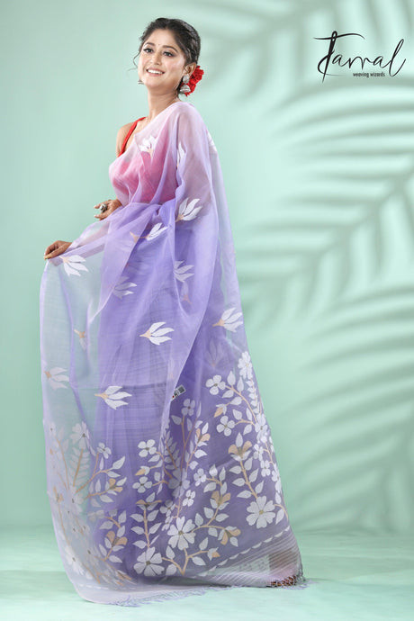Lavender with white floral buta handwoven muslin silk jamdani saree - Tamal Boutique