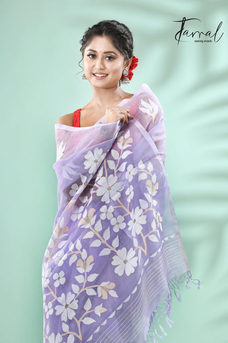 Lavender with white floral buta handwoven muslin silk jamdani saree - Tamal Boutique