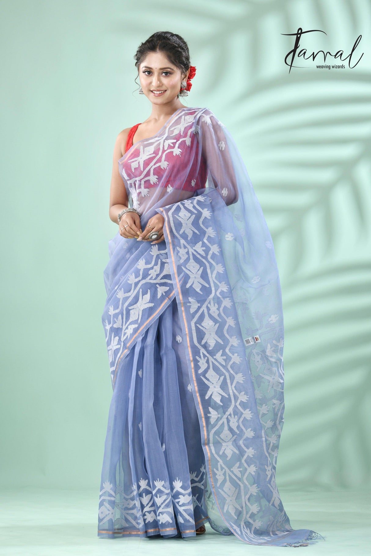 Powder Blue traditional handwoven muslin silk dhakai jamdani saree - Tamal Boutique