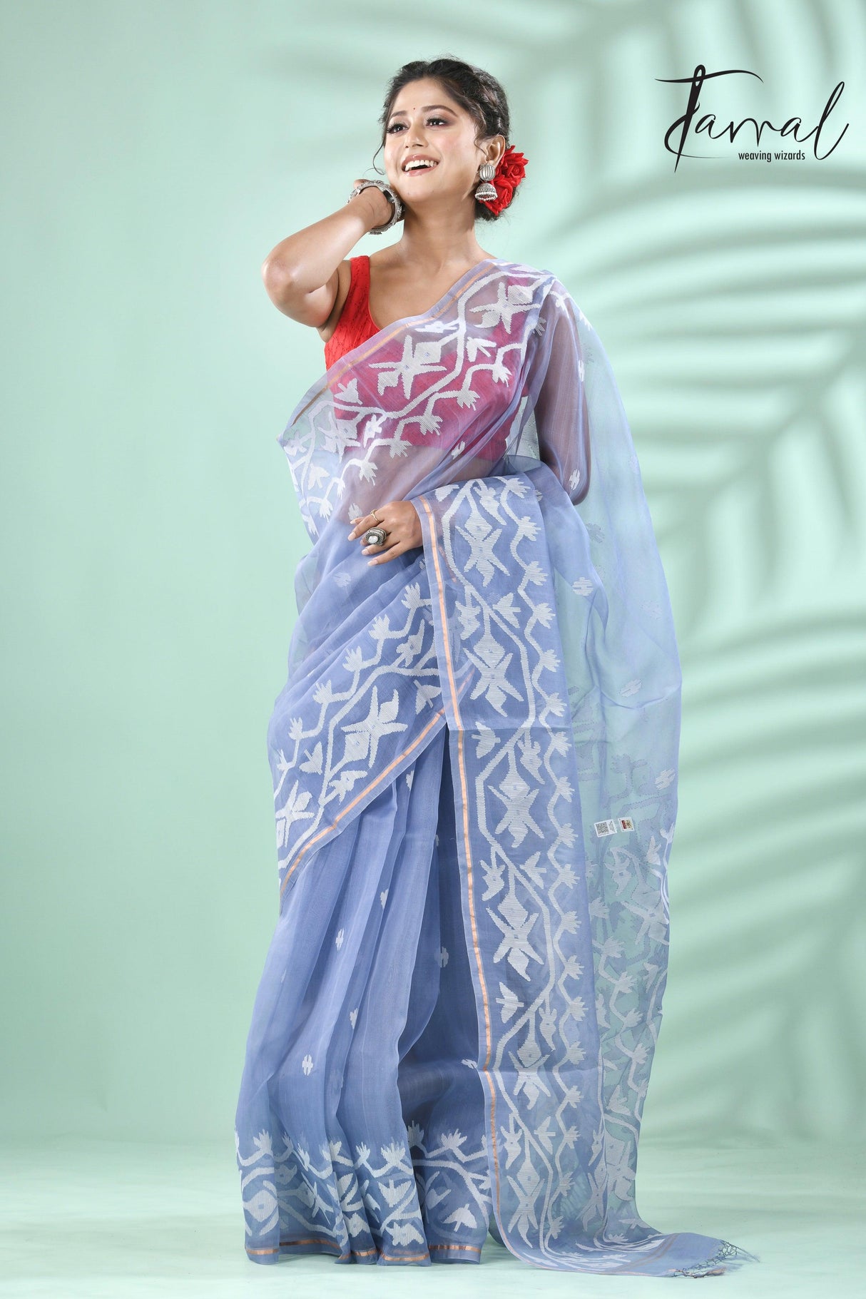 Powder Blue traditional handwoven muslin silk dhakai jamdani saree - Tamal Boutique