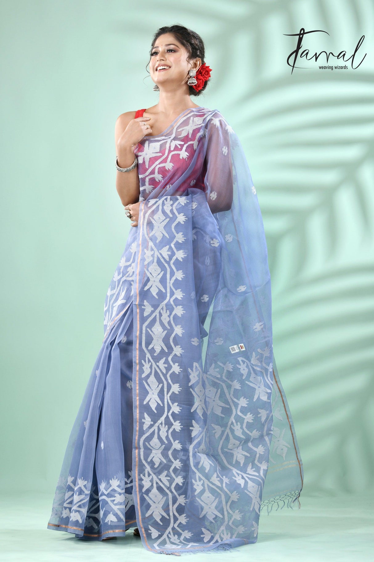 Powder Blue traditional handwoven muslin silk dhakai jamdani saree - Tamal Boutique