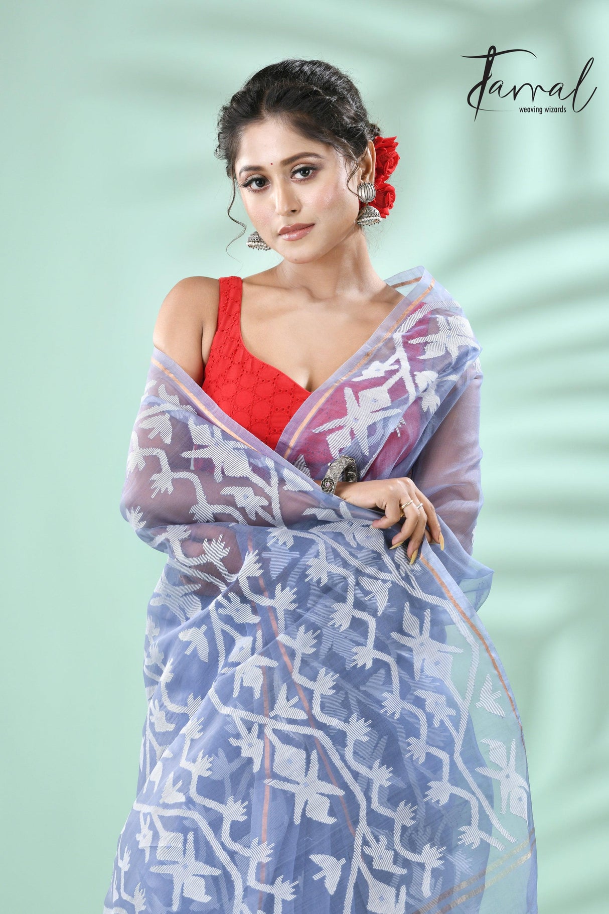 Powder Blue traditional handwoven muslin silk dhakai jamdani saree - Tamal Boutique